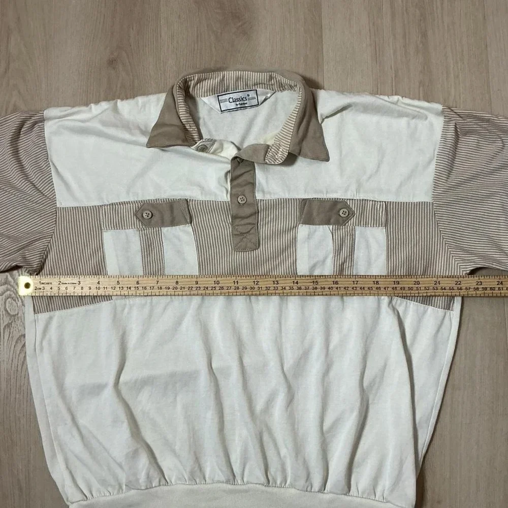 Classics by Palmland Vintage Tan‎ Cream Striped Banded Hem Preppy Polo Shirt XL